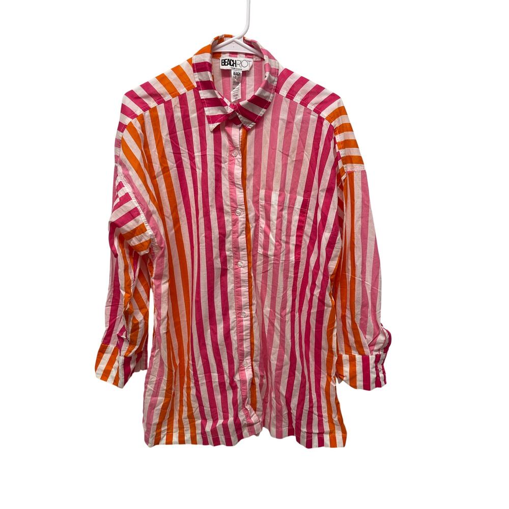 Beach Riot Alexa Long-sleeve button down cover-up shirt sunset stripe L/XL